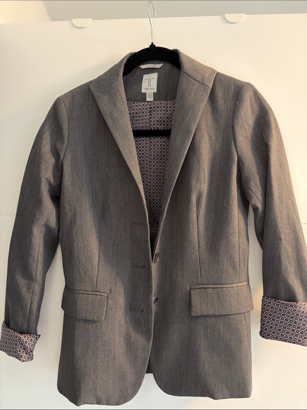 Tristan Gray Single-Breasted Blazer with Patterned Lining size 1-xs